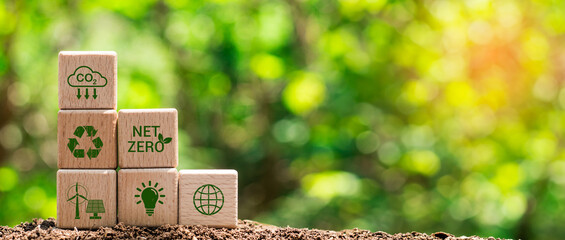Carbon neutral and net zero natural environment concept , Wooden block with green center icon , Net...