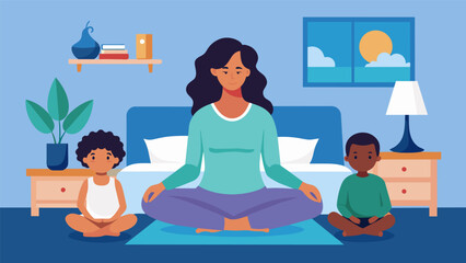 Fototapeta premium A mother sits on the edge of her bed taking a few minutes to meditate and recharge before starting her busy day with her family..