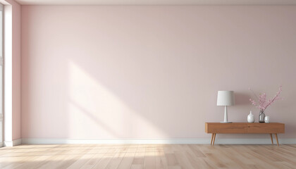 3D rendering of a pink living room with a wooden table lamp and pink flower vase