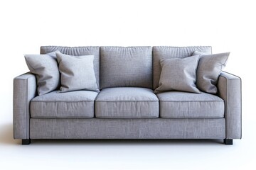 A minimalist sofa in cool gray fabric anchors a serene living room
