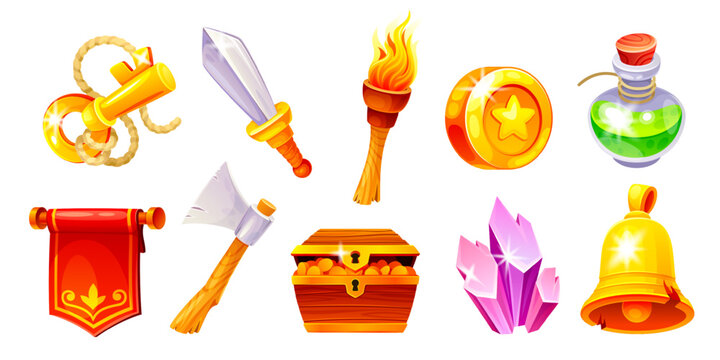 Rpg game icons. Cartoon gaming badge mobile casino ui element, fantasy chest gold coin key bell warrior gear 2d historical items magic energy diamond, neoteric vector illustration