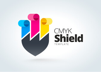 Logo Shield and Roll Paper CMYK color Printing theme. Template design vector. White background.