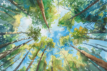 Watercolor painting pastel color steps of thick trees as seen from below.