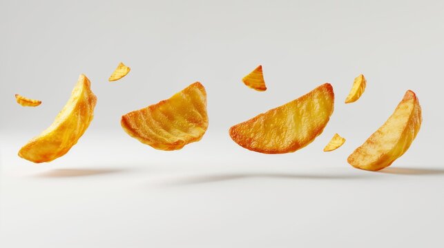 Dynamic image of potato chips frozen in mid-air against a white background.