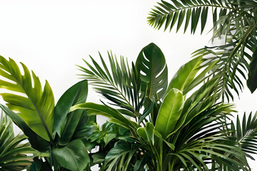 Green leaves of tropical plants bush floral arrangement indoors garden nature backdrop isolated on white background