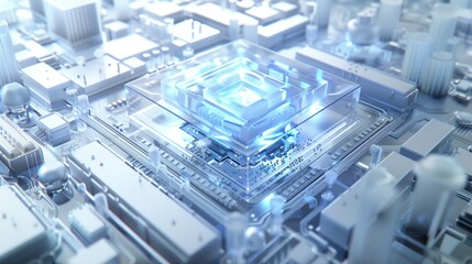 High-tech concept of a futuristic glowing processor chip on a motherboard with detailed electronic components.
