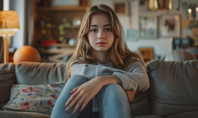 Trendy young girl sitting on the sofa