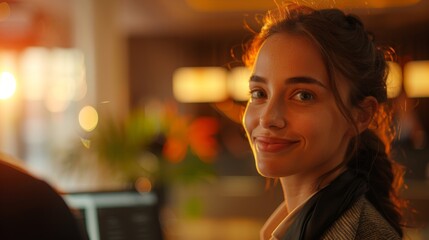 Close-up of a receptionist's face, radiating warmth and friendliness as they assist guests with check-in procedures.
