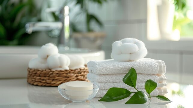 Cosmetic products and cotton towels Cotton wool with green plants on white table inside ceramic bathroom background