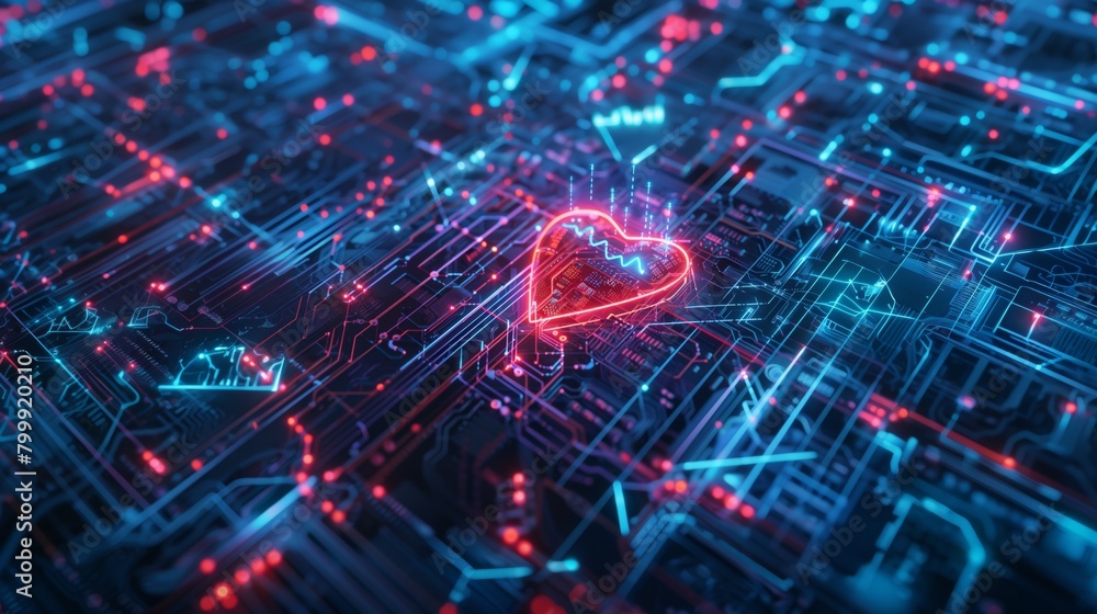 Canvas Prints A glowing red heart overlaid on a complex blue circuit board, symbolizing heart-health technology.