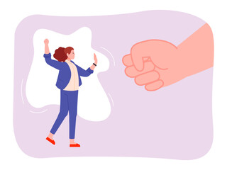 Man fist violence. Abused woman fight against home abusing of aggressive husband threatening hand, domesticate harassment victim protect female gender stop vector illustration - 799920298