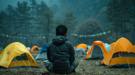 A lonely child sitting in front of quite camping area. 