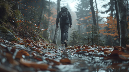 A man walking on the damp and difficult path in the forest in the rainy day to find his tent.