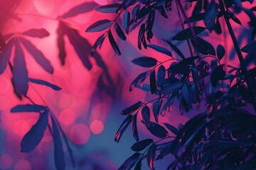 Vibrant blue and pink leaves under moody atmospheric lighting