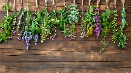 Various fresh herbs hanging to dry on a rustic wooden wall. Herbal freshness, aroma therapy, kitchen essentials. Medicinal plants. AI