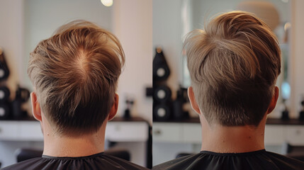 Before and after hair extensions show how much hair has been added to the back of the man's head.