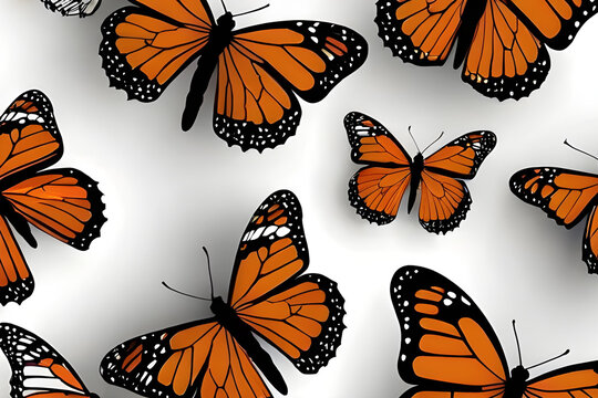 Abstract modern seamless pattern of monarch butterfly contours on white background for decoration design. Closeup design element black butterfly. Side view vector icon