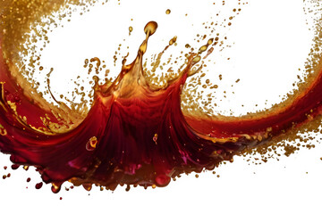 Whirling Gold Particles in Red Fluid. Magical waves of golden glittering particles in different shades of red liquid with depth of sharpness. Galaxy of countless golden dust particles