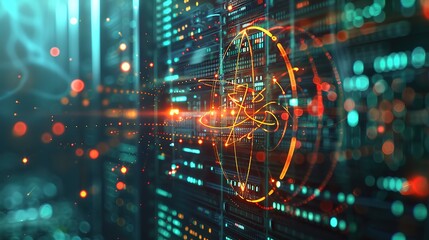 High tech server visualization, displaying particle data streams, circular computing interfaces, and virtual reality environments