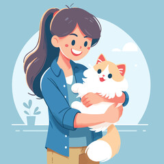 illustration of a woman hugging an adorable pet cat