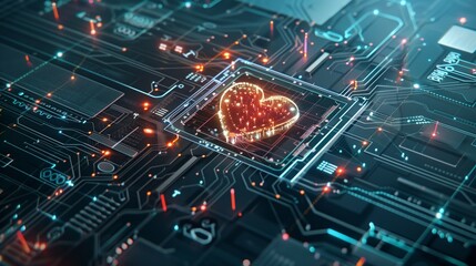 Futuristic glowing heart symbol on a detailed blue circuit board, illustrating modern technology and emotion.