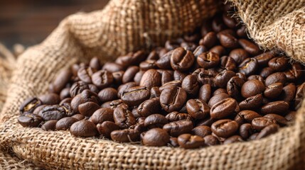 Fototapeta premium Close-up of roasted coffee beans tumbling from a burlap sack, showcasing texture and quality.