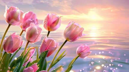 The pink tulips in the foreground have beautiful petals, shining under sunlight and shimmering with water droplets on their leaves.