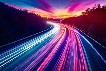 Captivating Visuals of Colorful Car Light Trails on Highways at Sunset
