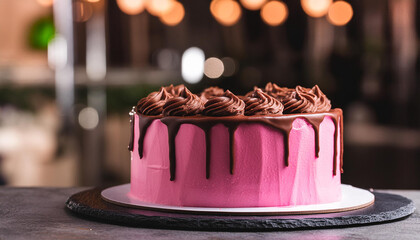 Close-up of delicious cake with pink buttercream and chocolate frosting. Tasty dessert. Sweet food. - obrazy, fototapety, plakaty