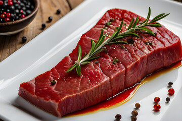 Raw beef steak with rosemary and peppercorns on white background