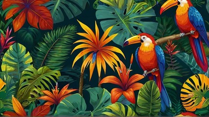 Colorful tropical forest background of wild plants parrot in the jungle 