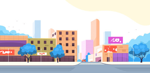 Panoramic road cityscape. Morning sunrise city street, winding road car traffic streets billboards on modern urban building, panorama town background classy vector illustration - 799922003