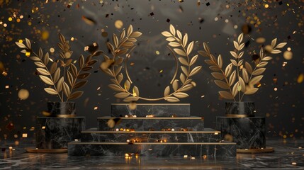 Luxurious award ceremony stage with golden laurels on marble columns, surrounded by confetti.