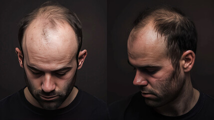 Fototapeta premium Before and after photos of a man's scalp show how hair loss treatment helped prevent balding.