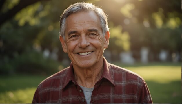 elder guy smiling looking at camera portrait with outdoor morning background from Generative AI