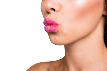 Half turned faced studio photo portrait of pretty nice charming cute sweet woman giving a kiss...