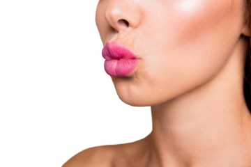Half turned faced studio photo portrait of pretty nice charming cute sweet woman giving a kiss blush blusher blonzed skin isolated bright vivid background