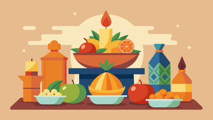An offering of fruits vegetables and other foods p on a makeshift altar as a symbol of gratitude for the blessings bestowed by ancestors.. Vector illustration