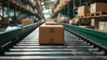 Conveyor belt in a packaging facility with boxes ready to be shipped worldwide.