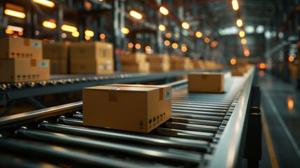 Conveyor belt in a packaging facility with boxes ready to be shipped worldwide.