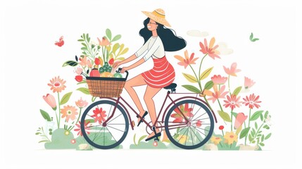 flat vector illustration of a woman riding a bicycle on a white background with flowers, summer background for print