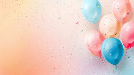 Colorful balloons on a soft pastel background with scattered confetti creating a celebratory atmosphere.