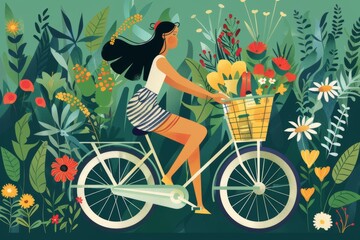 flat vector illustration of a woman riding a bicycle on a green background with flowers, summer background for print