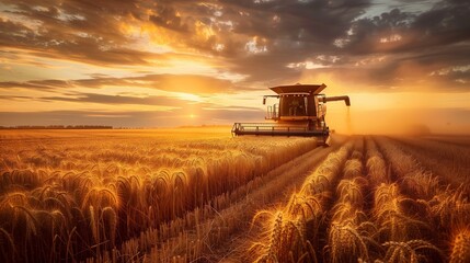 Fototapeta premium A combine harvester working in a golden wheat field at sunset with a beautiful cloudy sky.