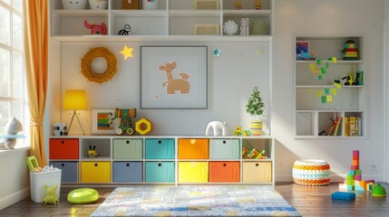 colorful children's room with shelves for storing things and toys