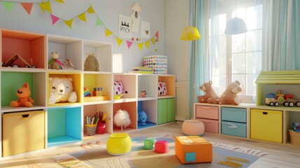 colorful children's room with shelves for storing things and toys
