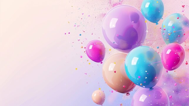 Colorful balloons with a shiny texture floating amidst vibrant paint splatters on a soft pastel background.