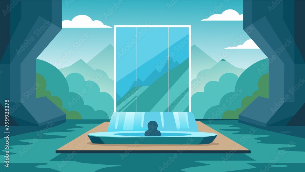 Poster a meditation room with a large picture window facing a waterfall the sound of which creates a peacef
