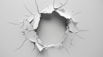 A graphical depiction of a large jagged hole breaking through a white surface, showing depth and texture.