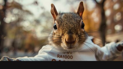 Photo of Create a SQUIRREL wearing a white t-shirt saying "SELO RA1000".
